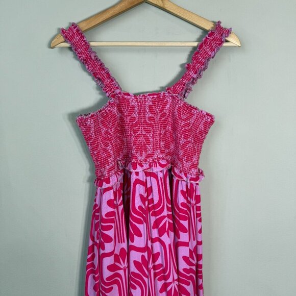 Entro Patterned Smocked Wide Leg Jumpsuit Women's Medium Pink Purple Comfy Boho - Picture 12 of 16